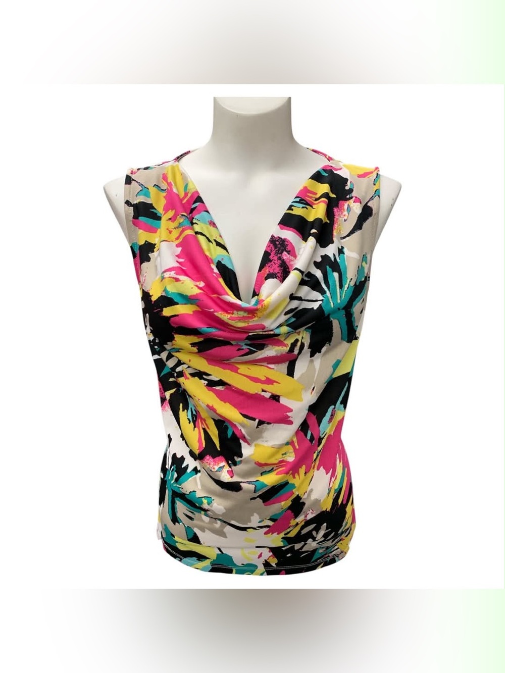 Tahari Multicolor Cowl Neck Tank Top - Pink, Yellow, Teal, Black, White Size M